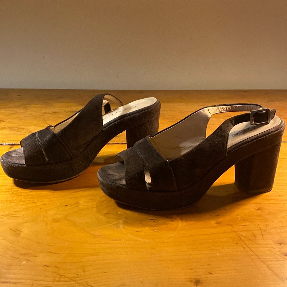 Brown Suede Platform Sandals, Size 38 1/2, 3 1/2” heel